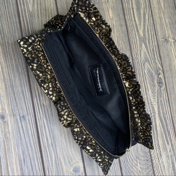 Express Clutch Purse Black Gold Cheetah Handheld Animal Print Holiday Shiny - Picture 6 of 7